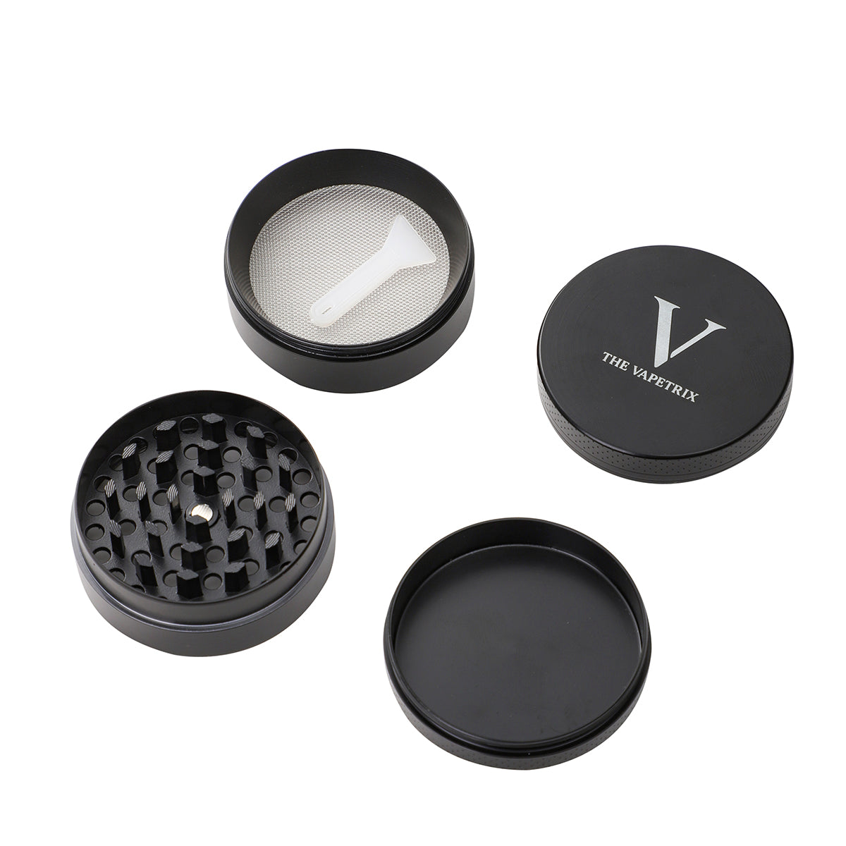 All 4 parts of the Vapetrix grinder: lid, grinding chamber, mesh screen chamber with scraper, collection tray